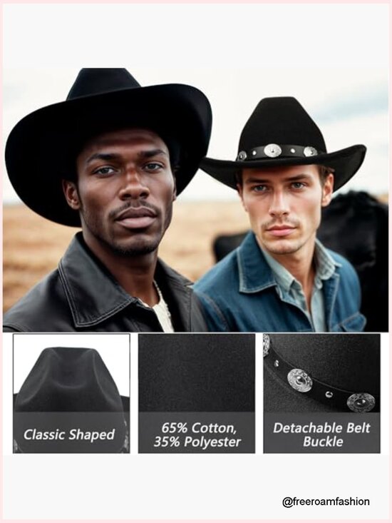 Felt Cowboy Hat with Gus Buckle Belt, Rolled Up Fedora Western Hat, Unisex S/M main image 3